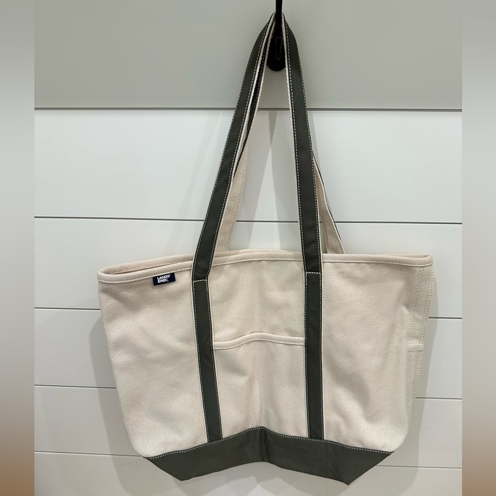 Land’s End Canvas Large Tote Bag with long Green Straps